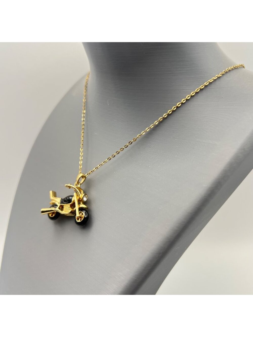 Gold Tone Motorcycle Pendant Necklace Spinning Wheels Black Enamel Rhinestones